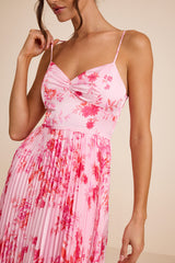 Francette Pink Floral Satin Pleated Midi Dress