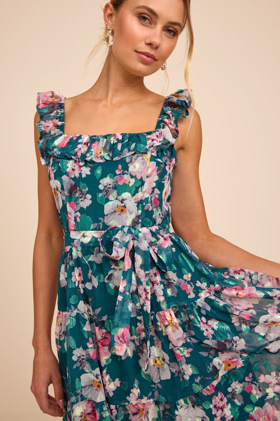 Shela Teal Floral Jacquard Tiered Midi Dress