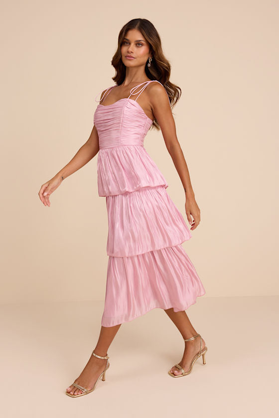 Tennon Light Pink Plisse Tiered Midi Dress