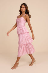 Tennon Light Pink Plisse Tiered Midi Dress
