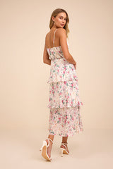 Cascading Crush Ivory Floral Print Tiered Bustier Midi Dress