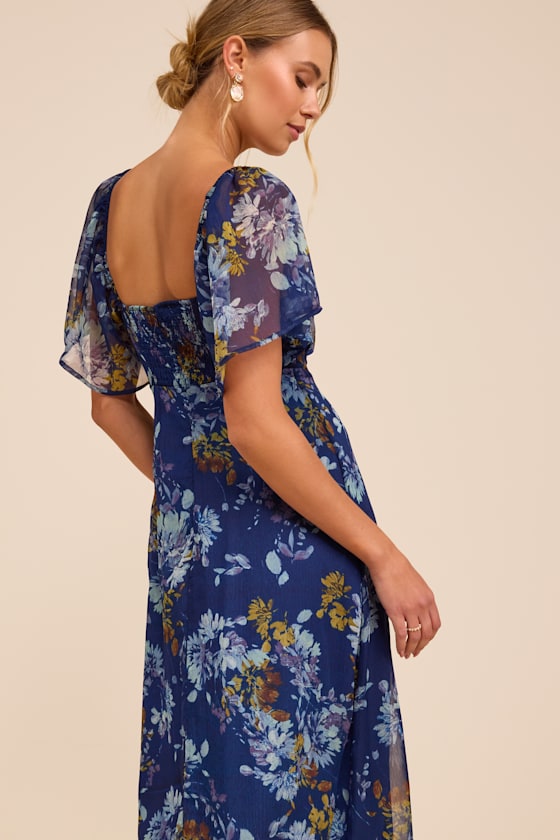 Valla Navy Blue Floral Flutter Sleeve Midi Dress