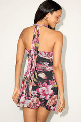 Mitzi Black Multi Floral Mesh Halter Mini Dress