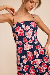 Radiant Feelings Navy and Pink Floral Chiffon Midi Dress