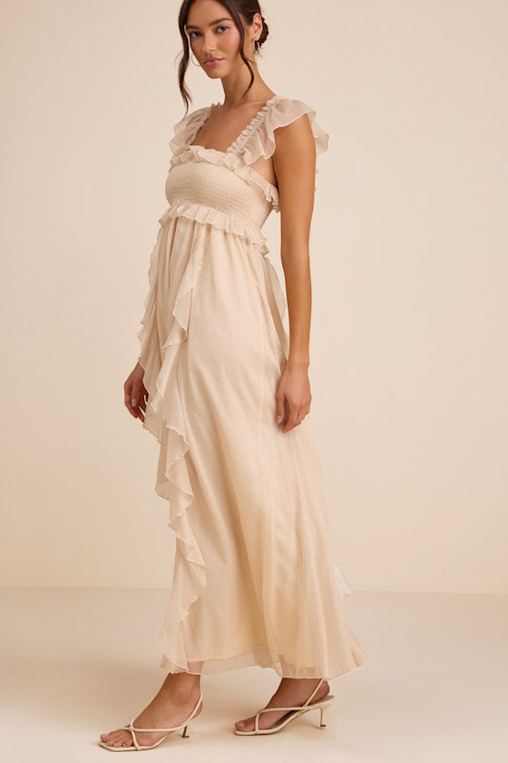 Wisteria Ivory Ruffled Smocked Maxi Dress
