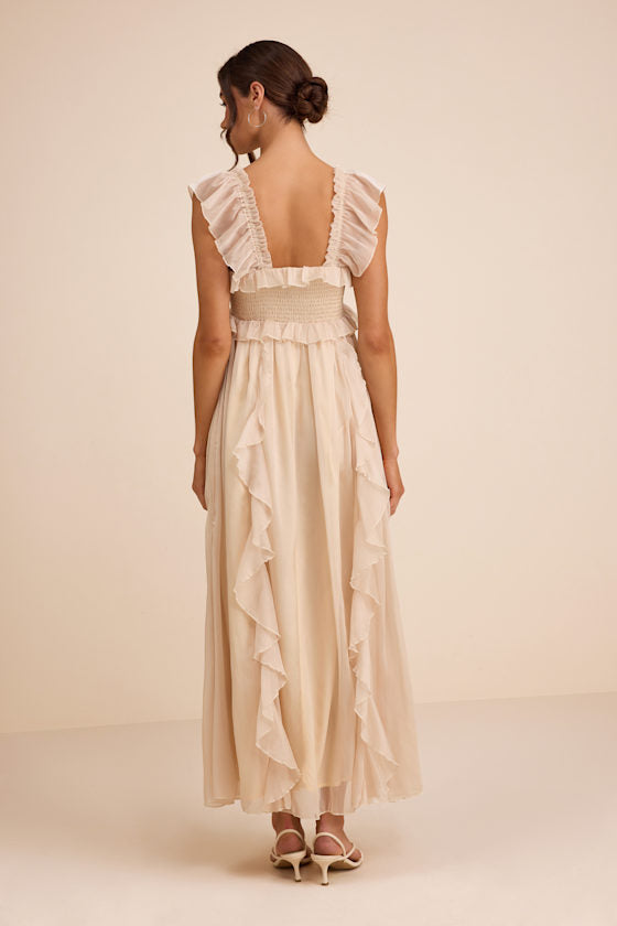 Wisteria Ivory Ruffled Smocked Maxi Dress