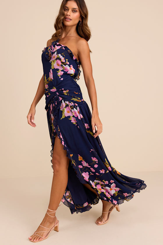 Alayda Navy Blue Floral Asymmetrical Ruffled Maxi Dress