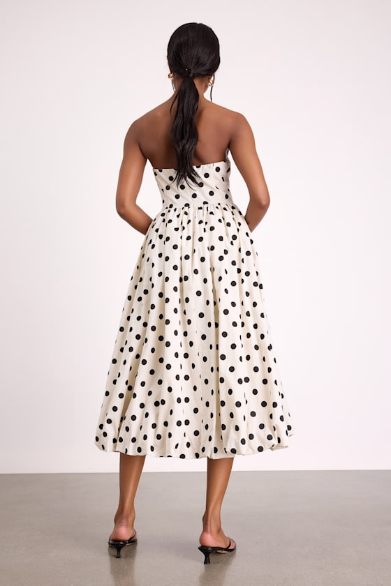 Terrance Ivory Polka Dot Strapless Bubble-Hem Midi Dress