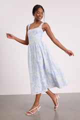 Noble Light Blue Eyelet Embroidered Midi Dress