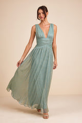 Evaluna Sage Green Lurex Pleated Maxi Dress