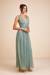 Evaluna Sage Green Lurex Pleated Maxi Dress