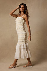 Harley Cream Smocked Ruffled Midi Dress