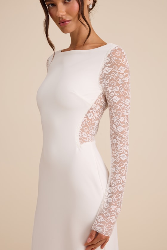 Brooks White Lace Boat Neck Mermaid Maxi Dress