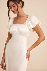 Catherine Ivory Satin Puff Sleeve Slip Midi Dress