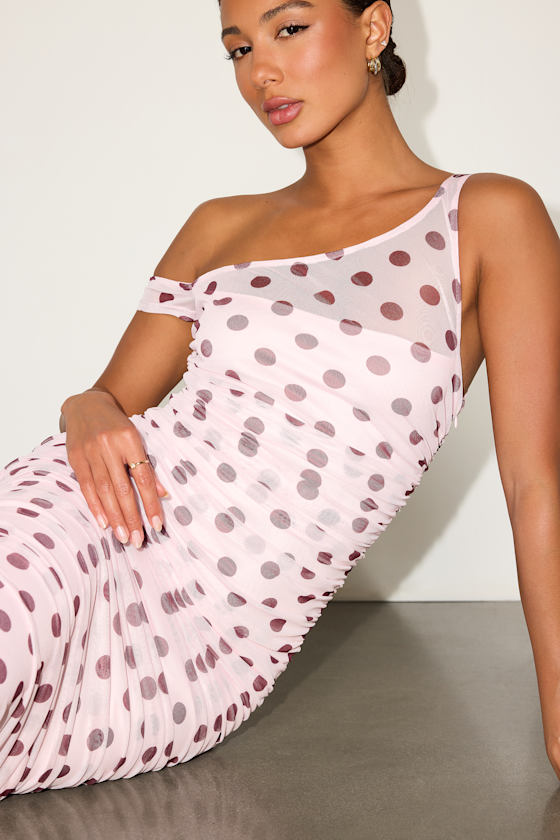 Decca Blush Polka Dot Mesh Ruched Maxi Dress