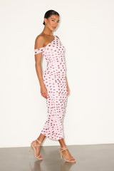 Decca Blush Polka Dot Mesh Ruched Maxi Dress