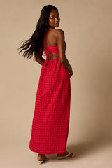 Tamilyn Red Gingham Lace-Up Maxi Dress