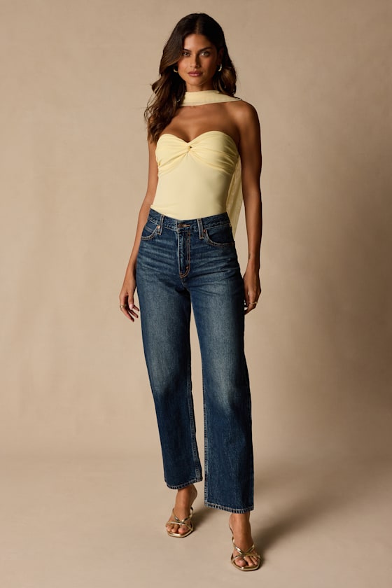 Genevieve Light Yellow Mesh Sash Scarf Strapless Top