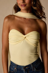 Genevieve Light Yellow Mesh Sash Scarf Strapless Top