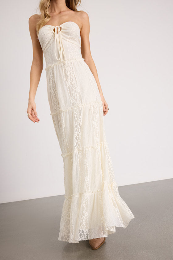 Nora Ivory Lace Strapless Tiered Maxi Dress