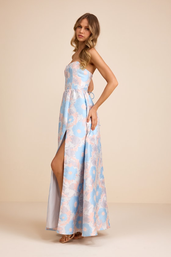 Rainie Cream Floral Jacquard Strapless Lace-Up Maxi Dress