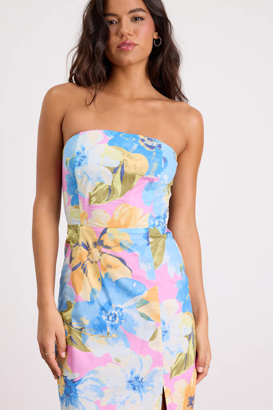 Bold Tendencies Light Pink Floral Strapless Cutout Midi Dress