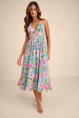 Danelle Light Blue Floral Halter A-Line Midi Dress