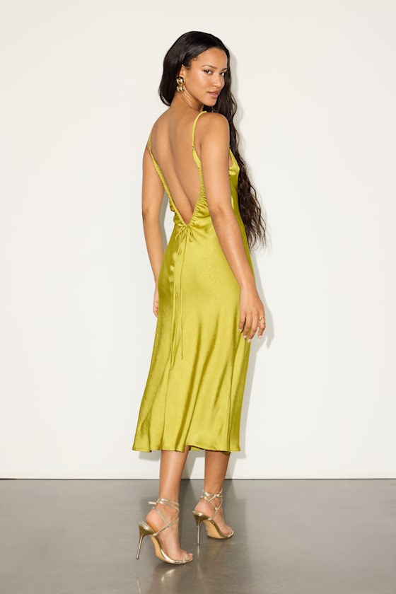 Katrien Chartreuse Textured Satin Backless Midi Slip Dress