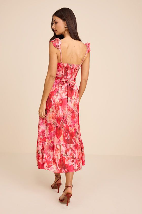 Sweet Like Sangria Pink Floral Ruffled Bustier Midi Dress