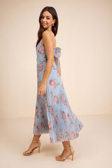 Alondra Light Blue Multi Floral Pleated Midi Dress