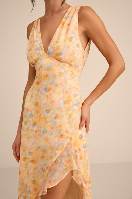 Laraline Peach Multi Floral Ruffled Cowl Back Maxi Dress