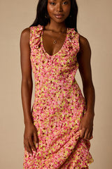 Renea Pink Multi Floral Ruffled Sleeveless Midi Dress