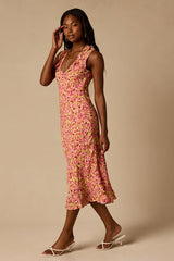 Renea Pink Multi Floral Ruffled Sleeveless Midi Dress