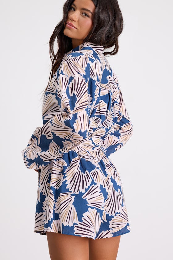 Dimora Blue Abstract Print Long Sleeve Collared Romper