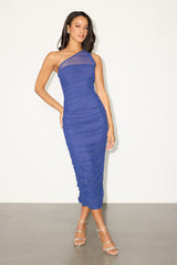 Kiden Blue Mesh Ruched One-Shoulder Midi Dress