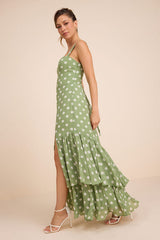 Raynelle Light Green Polka Dot Lace-Up Tiered Maxi Dress