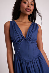 Lettie Navy Poplin Plunge Neck Midi Dress