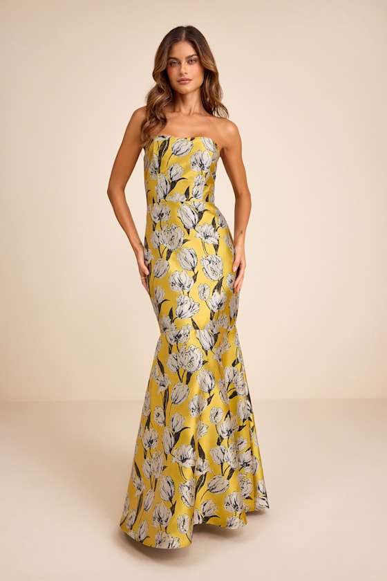 Gowning Around Yellow Floral Jacquard Strapless Maxi Dress