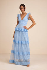 Marvelous Darling Powder Blue Lace Ruffled Tiered Maxi Dress