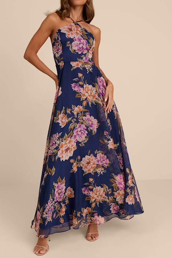 Romantic Marvel Navy Floral Print Halter Neck Maxi Dress