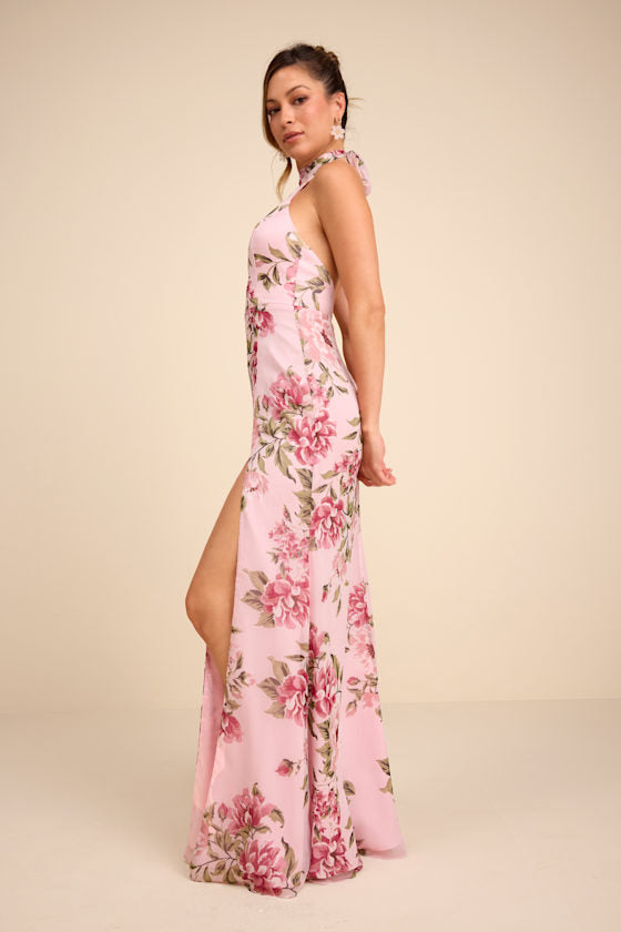 Captured Your Heart Light Pink Floral Halter Maxi Dress