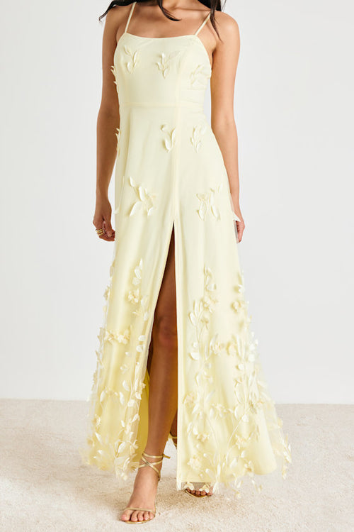 Abundant Charm Pale Yellow 3D Floral Applique Maxi Dress
