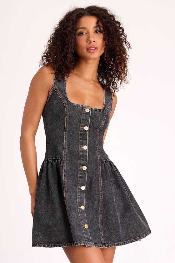 Prinsley Washed Black Denim Button-Front Mini Dress