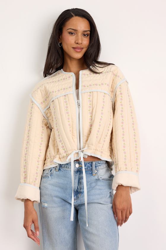 Feeling Pretty Cream Floral Quilted Zip-Up Jacket