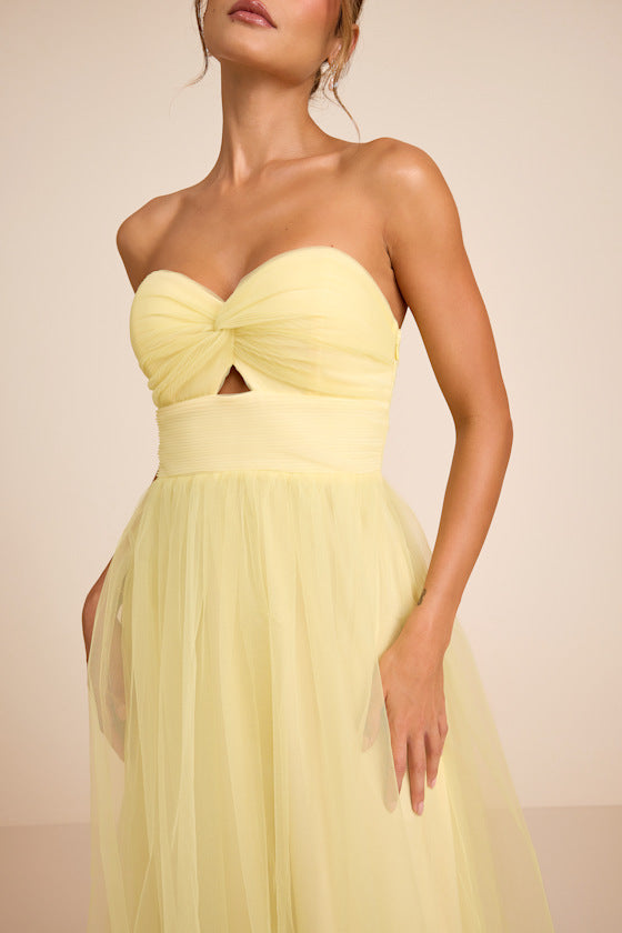 Lyssa Pale Yellow Tulle Strapless Cutout Maxi Dress