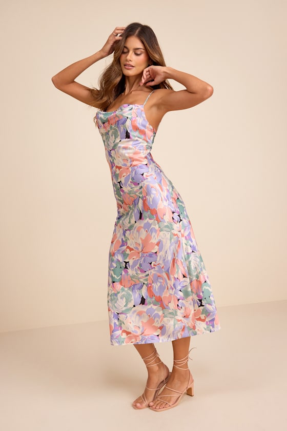 Favorite Icon Lavender Floral Satin Cowl Neck Slip Midi Dress