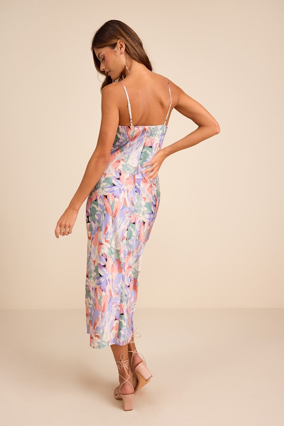 Favorite Icon Lavender Floral Satin Cowl Neck Slip Midi Dress
