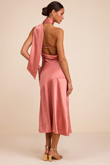 Reglan Pink Satin One-Shoulder Sash Midi Dress