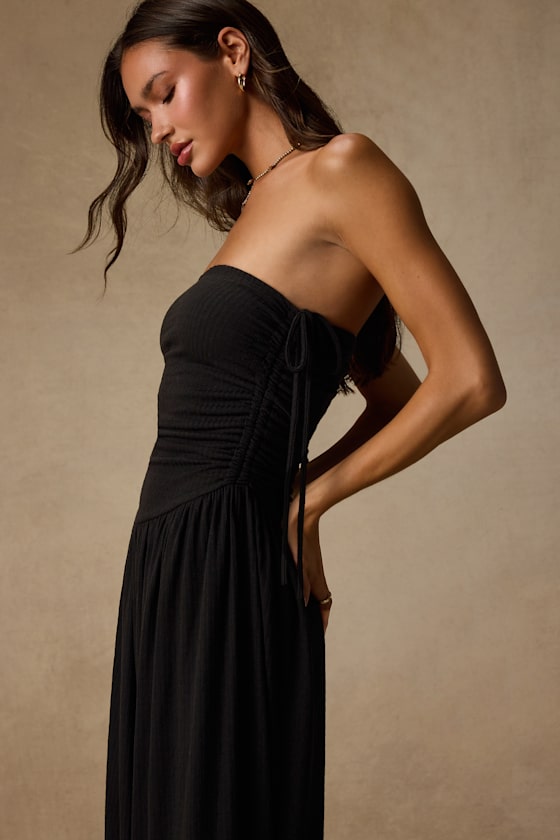 Halloran Black Pointelle Strapless Wide-Leg Jumpsuit