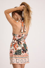 Siyanda Beige Multi Floral Faux-Wrap Mini Dress